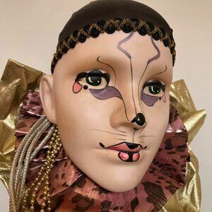 VTG Y2K Mardi Gras Porcelain Cat Face Harlequin Jester 3D Head Wall Hanging